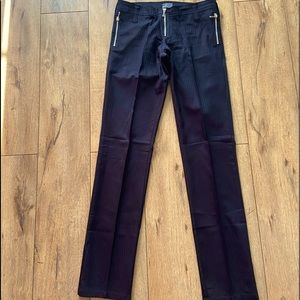 ASTRID PANTS BLK PIN STRIP COTTON STR8 LEG EXPOSED ZIPPER POCKETS